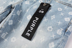PURPLE  Men Streetwear Skinny Jeans Light Blue Wash with All - Over Pattern Print 9089