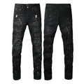 PURPLE  Men Streetwear Skinny Jeans Black Wash with Distressed Details and Multi - Color Paint Splash 9121