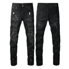 PURPLE  Men Streetwear Skinny Jeans Black Wash with Distressed Details and Multi - Color Paint Splash 9121