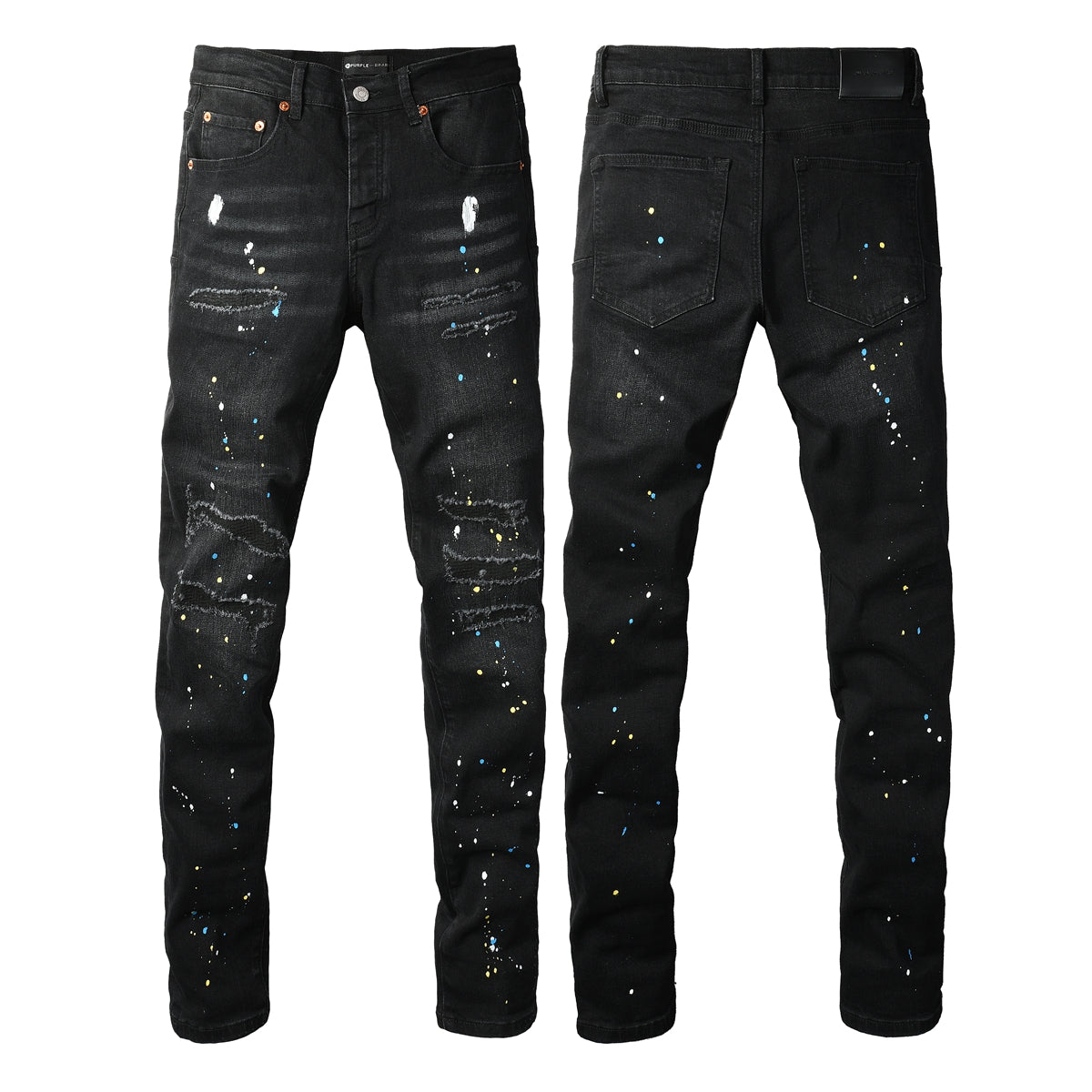 PURPLE  Men Streetwear Skinny Jeans Black Wash with Distressed Details and Multi - Color Paint Splash 9121