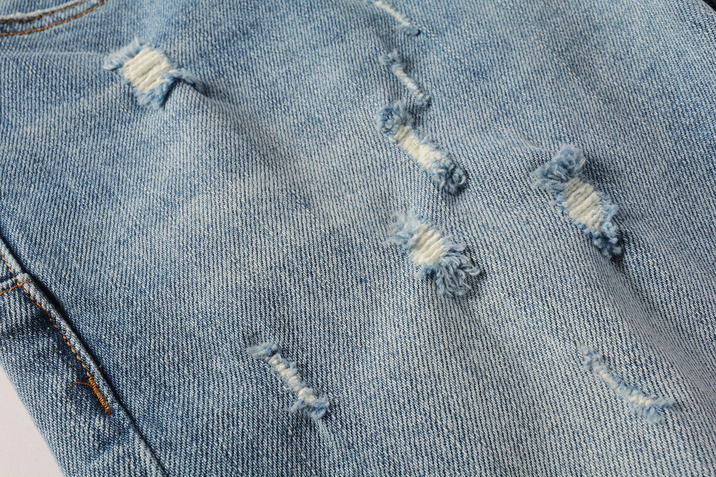 PURPLE   Men Streetwear Skinny Jeans Light Blue Wash with Subtle Distressed Ripped Details 9075