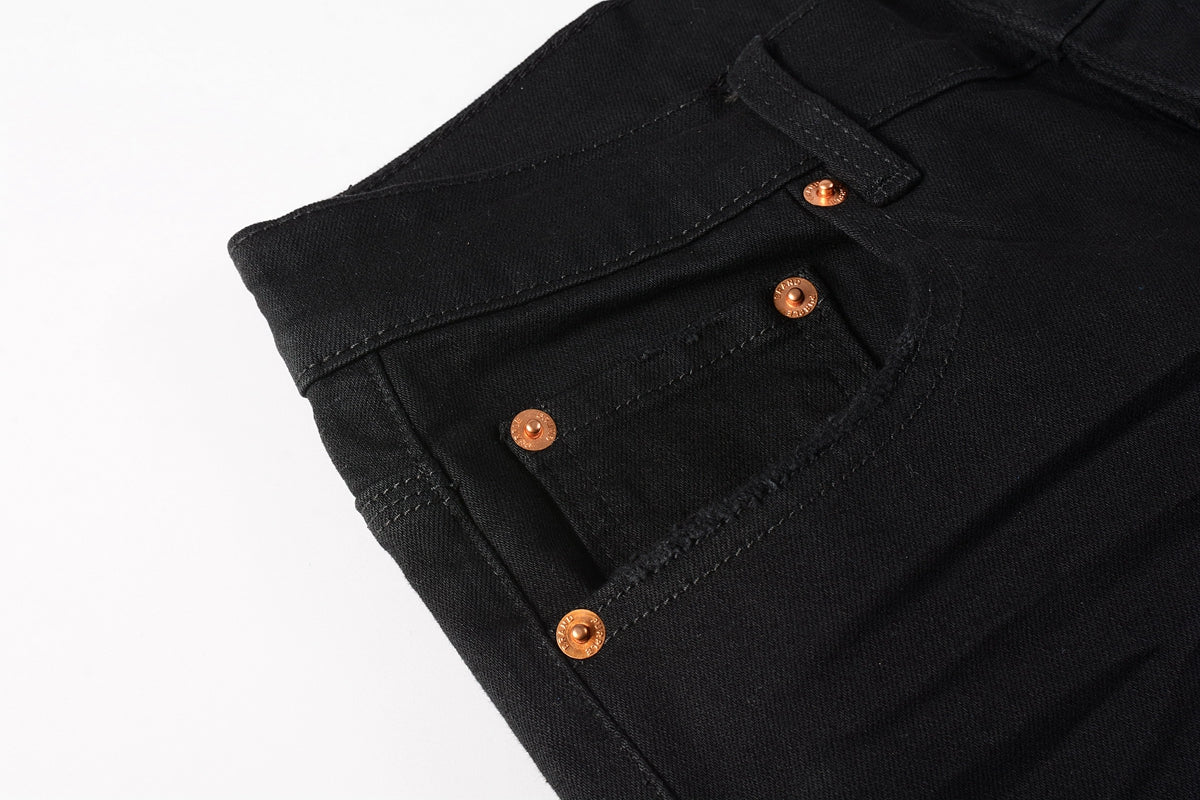 PURPLE  Men Streetwear Skinny Jeans Black Wash with All-Over Metallic Gold "P" Print 9008