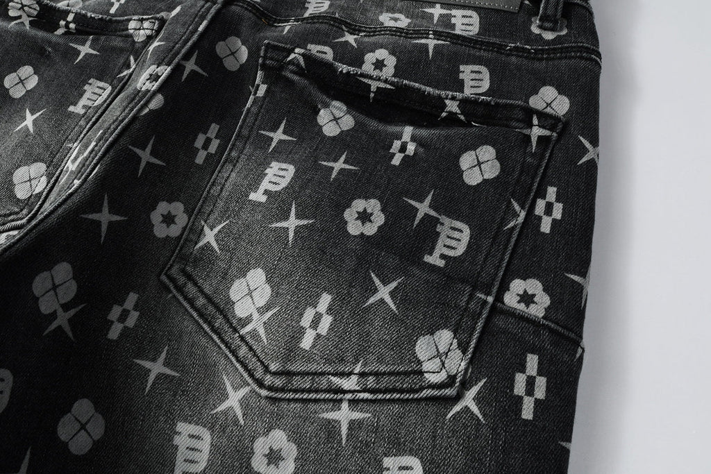 PURPLE  Men Classic Street Skinny Jeans Dark Grey Monogram Print All Over Distressed Style 9112