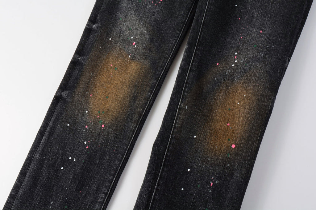 PURPLE  Men’s Black Skinny Jeans with Rust-Toned Wash and Multicolor Paint Splatter Artistic Distressed Street 9109