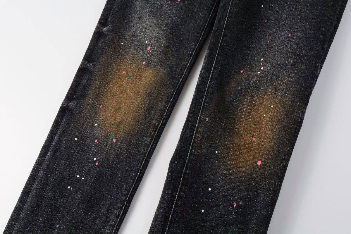 PURPLE  Men’s Black Skinny Jeans with Rust-Toned Wash and Multicolor Paint Splatter Artistic Distressed Street 9109
