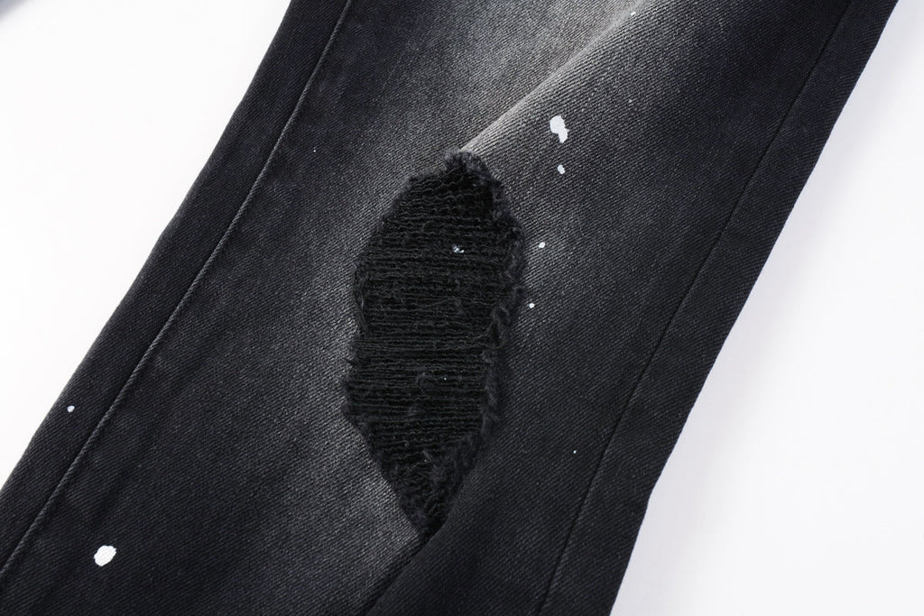 PURPLE  Men Streetwear Jeans Distressed Black Paint Splash Patch Ripped skinny 9099