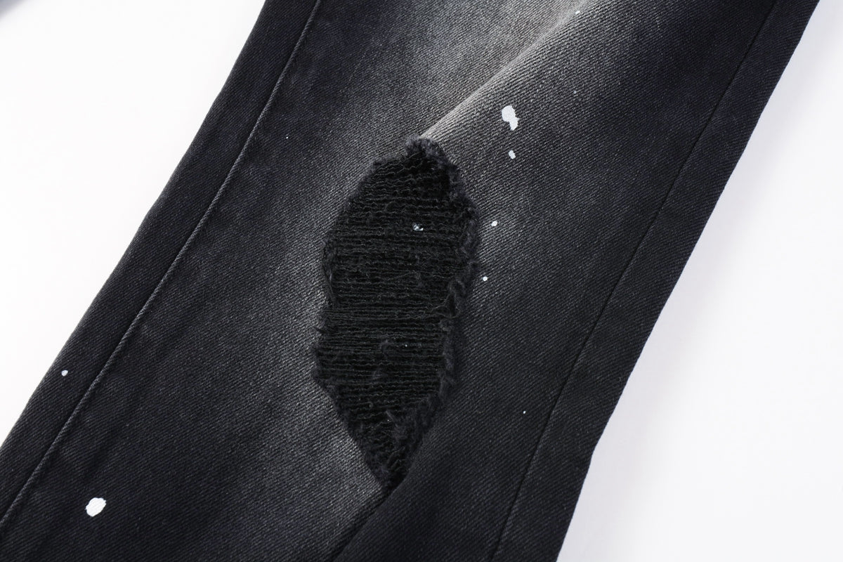 PURPLE  Men Streetwear Jeans Distressed Black Paint Splash Patch Ripped skinny 9099