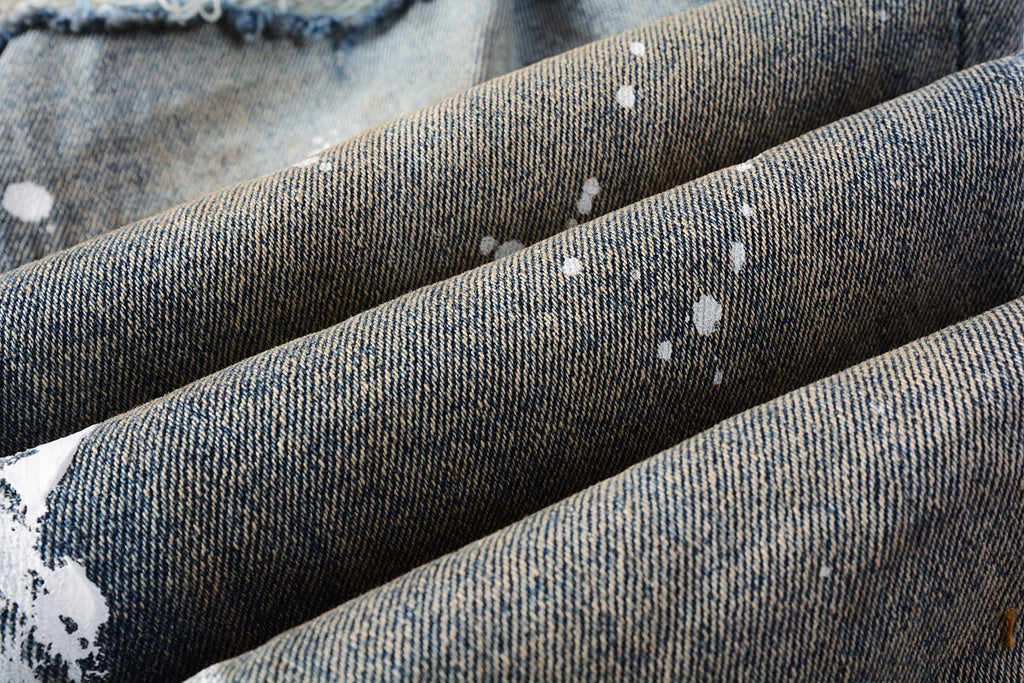 PURPLE   Men Streetwear Skinny Jeans Light Blue Wash with Distressed Rips and White Paint Splatter 9012