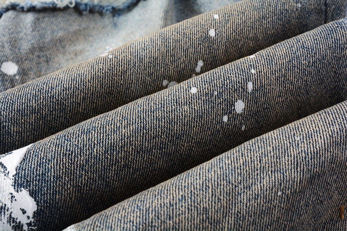 PURPLE   Men Streetwear Skinny Jeans Light Blue Wash with Distressed Rips and White Paint Splatter 9012