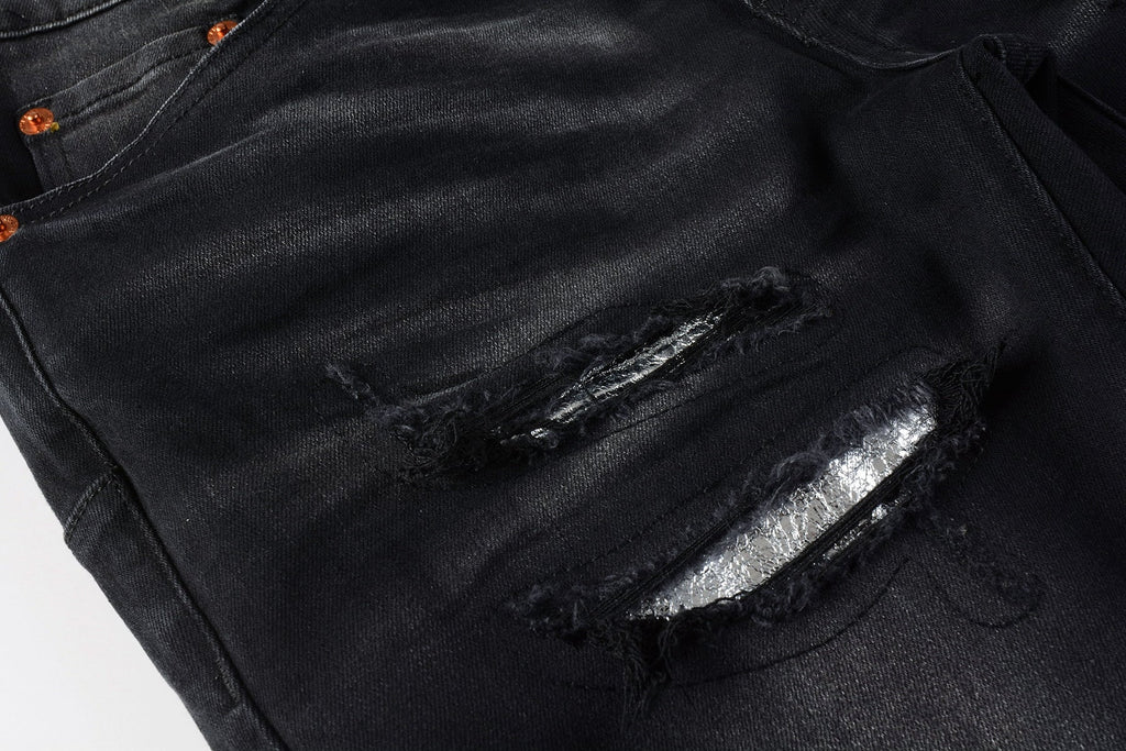 PURPLE  Men Streetwear Skinny Jeans Black Wash with Distressed Rips, Checkered Patches and White Paint Splatter 9001
