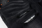 PURPLE  Men Streetwear Skinny Jeans Black Wash with Distressed Rips, Checkered Patches and White Paint Splatter 9001