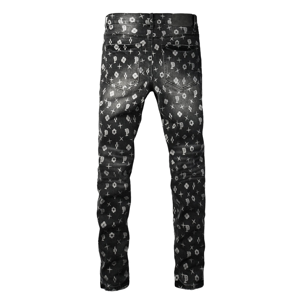 PURPLE  Men Classic Street Skinny Jeans Dark Grey Monogram Print All Over Distressed Style 9112