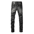 PURPLE  Men Classic Street Skinny Jeans Dark Grey Monogram Print All Over Distressed Style 9112