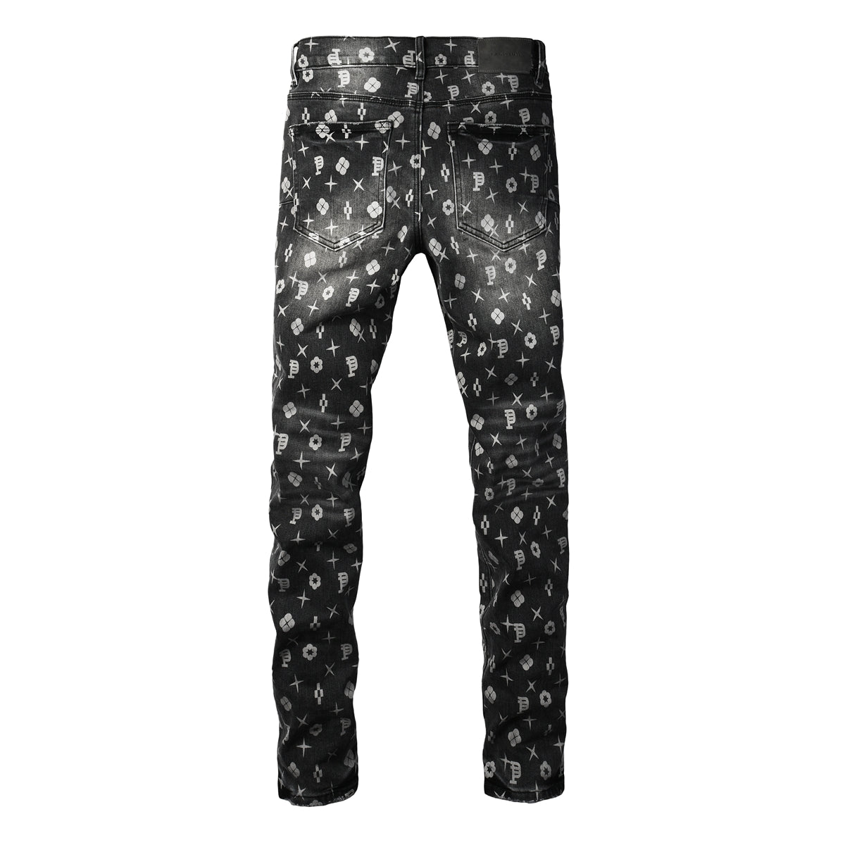 PURPLE  Men Classic Street Skinny Jeans Dark Grey Monogram Print All Over Distressed Style 9112
