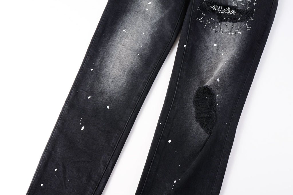 PURPLE  Men Streetwear Jeans Distressed Black Paint Splash Patch Ripped skinny 9099