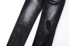 PURPLE  Men Streetwear Jeans Distressed Black Paint Splash Patch Ripped skinny 9099