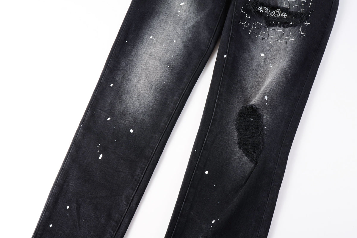 PURPLE  Men Streetwear Jeans Distressed Black Paint Splash Patch Ripped skinny 9099