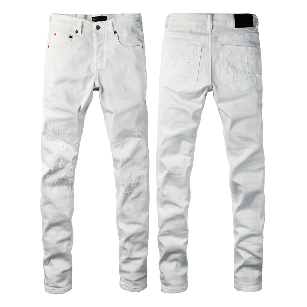 PURPLE  Men Designer Streetwear Skinny Jeans Solid White with 3D Embossed Monogram Pattern 9113