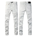 PURPLE  Men Designer Streetwear Skinny Jeans Solid White with 3D Embossed Monogram Pattern 9113