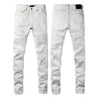 PURPLE  Men Designer Streetwear Skinny Jeans Solid White with 3D Embossed Monogram Pattern 9113