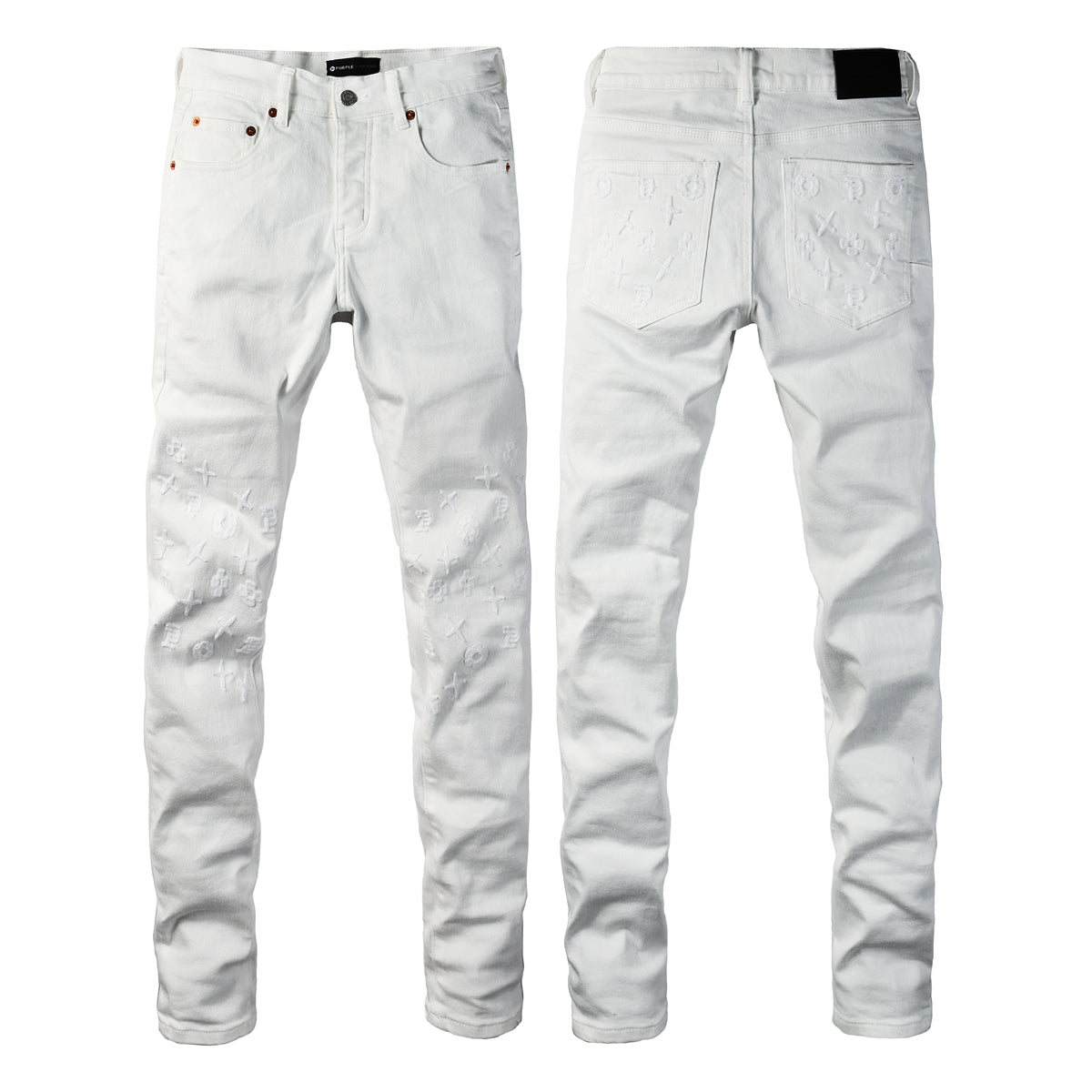 PURPLE  Men Designer Streetwear Skinny Jeans Solid White with 3D Embossed Monogram Pattern 9113