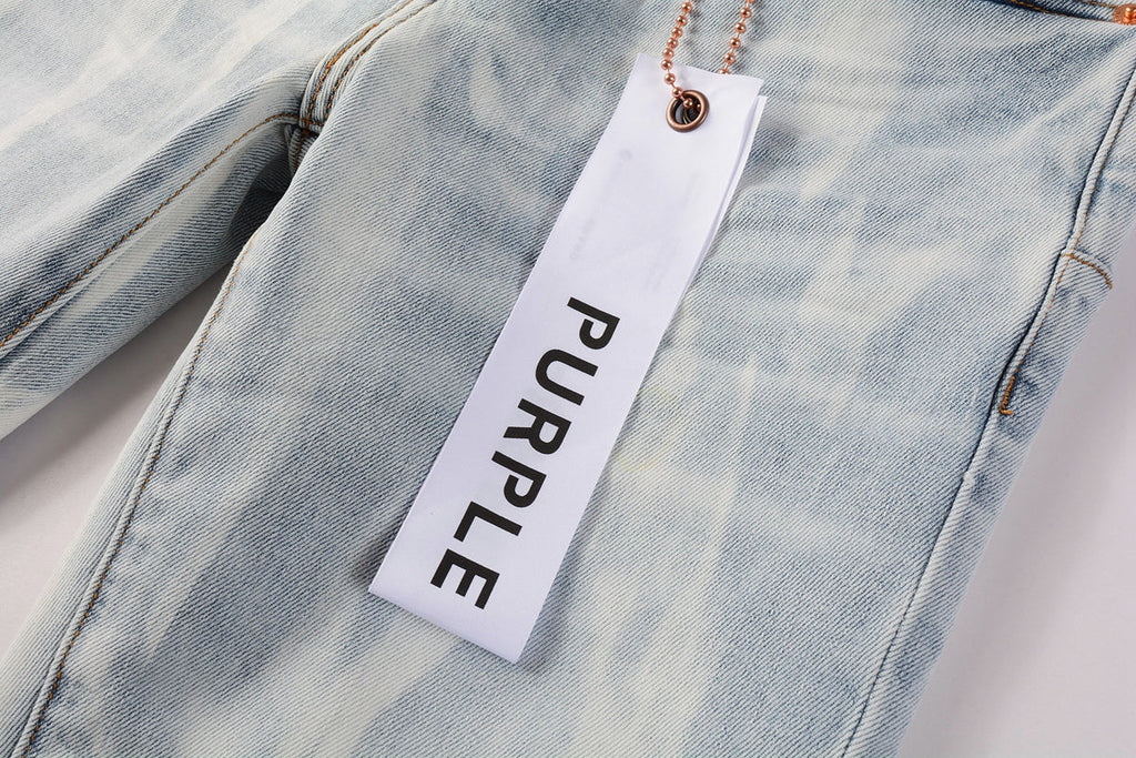 PURPLE   Men Streetwear Skinny Jeans Light Blue Wash with White Brushstroke Texture 7017