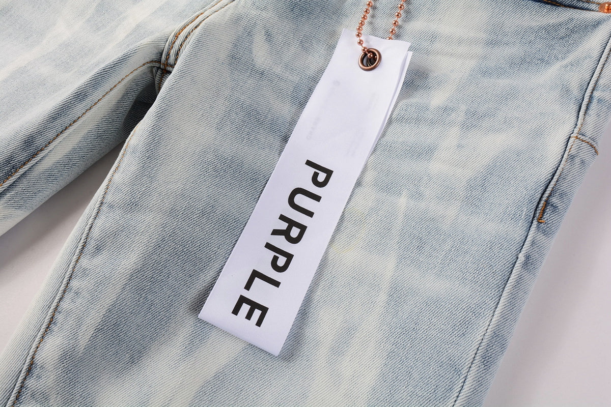 PURPLE   Men Streetwear Skinny Jeans Light Blue Wash with White Brushstroke Texture 7017