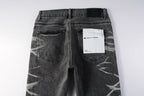 PURPLE  Men Streetwear Skinny Jeans Dark Gray Wash with White Marbled Texture 9056