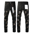 PURPLE  Men Streetwear Skinny Jeans Black Wash with All-Over Metallic Gold "P" Print 9008