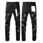 PURPLE  Men Streetwear Skinny Jeans Black Wash with All-Over Metallic Gold "P" Print 9008