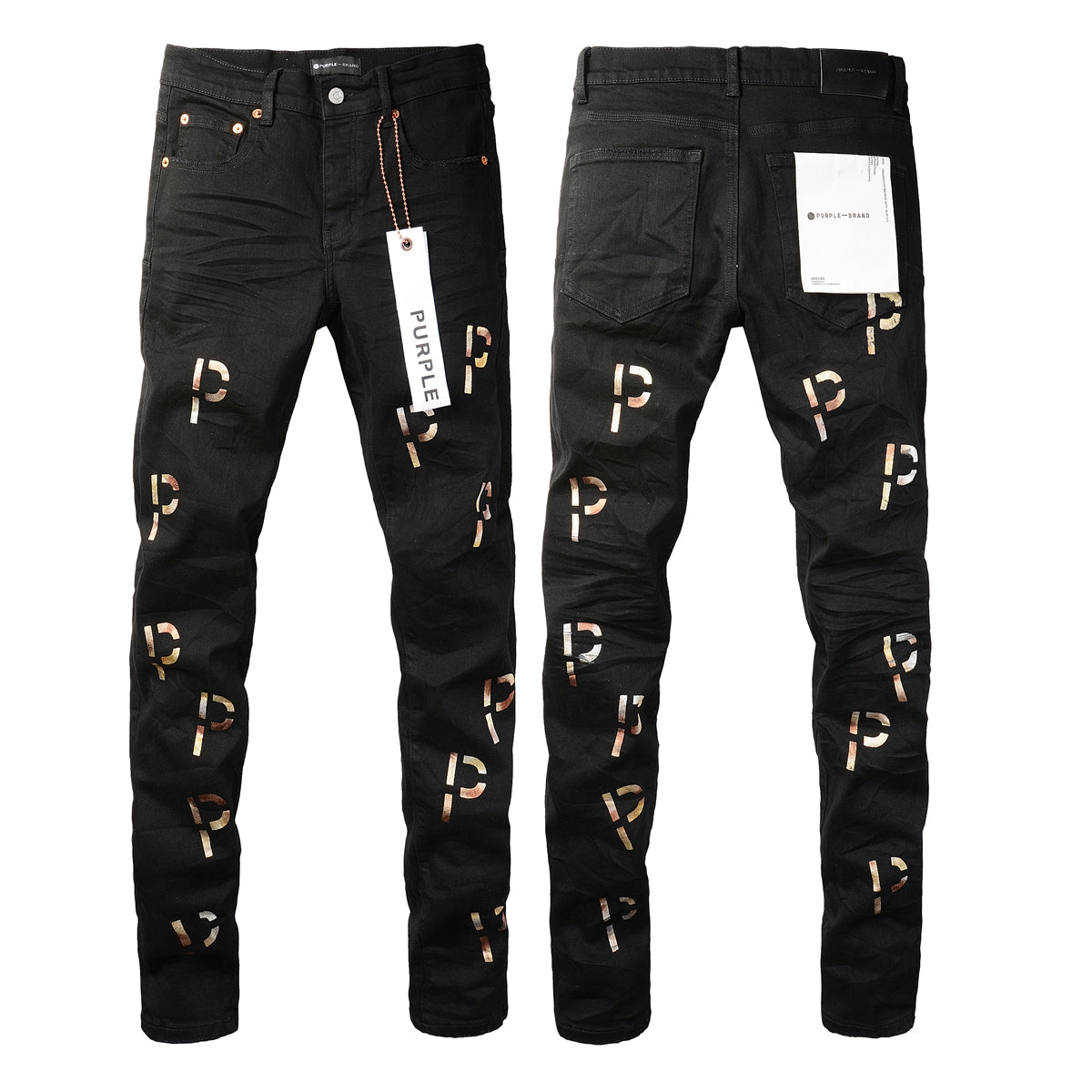 PURPLE  Men Streetwear Skinny Jeans Black Wash with All-Over Metallic Gold "P" Print 9008