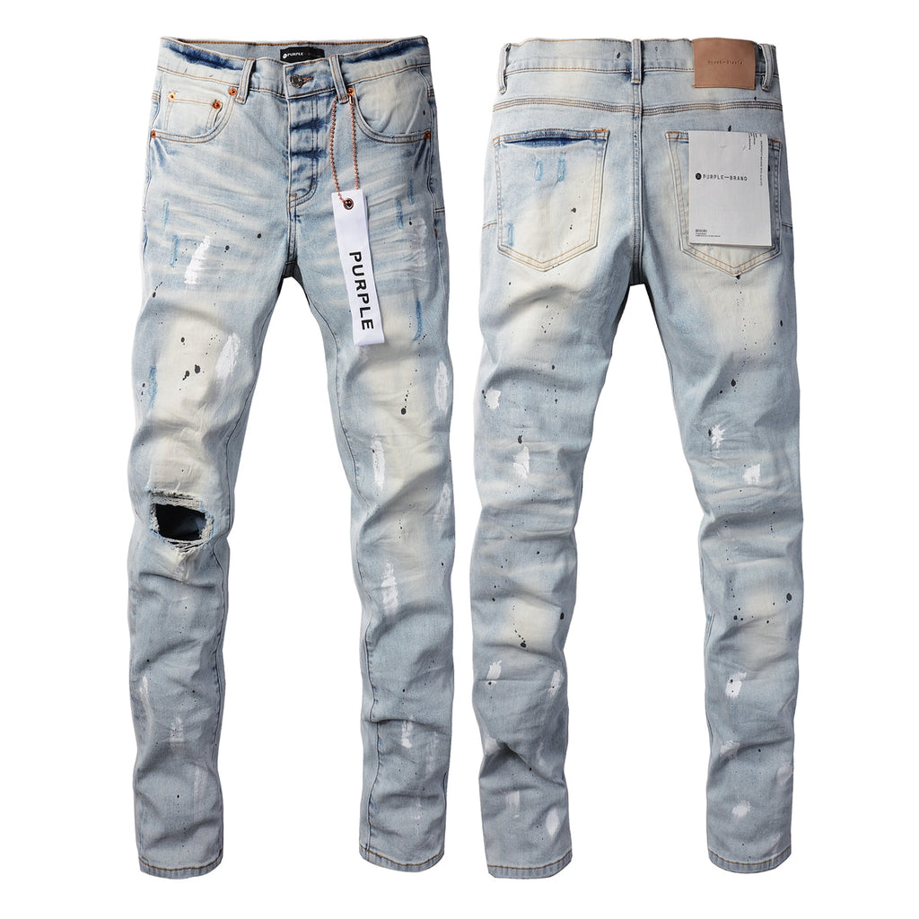 PURPLE  Men Streetwear Skinny Jeans Light Blue Wash with White Paint Splatter and Subtle Distress 9006