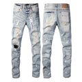 PURPLE  Men Streetwear Skinny Jeans Light Blue Wash with White Paint Splatter and Subtle Distress 9006