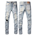 PURPLE  Men Streetwear Skinny Jeans Light Blue Wash with White Paint Splatter and Subtle Distress 9006