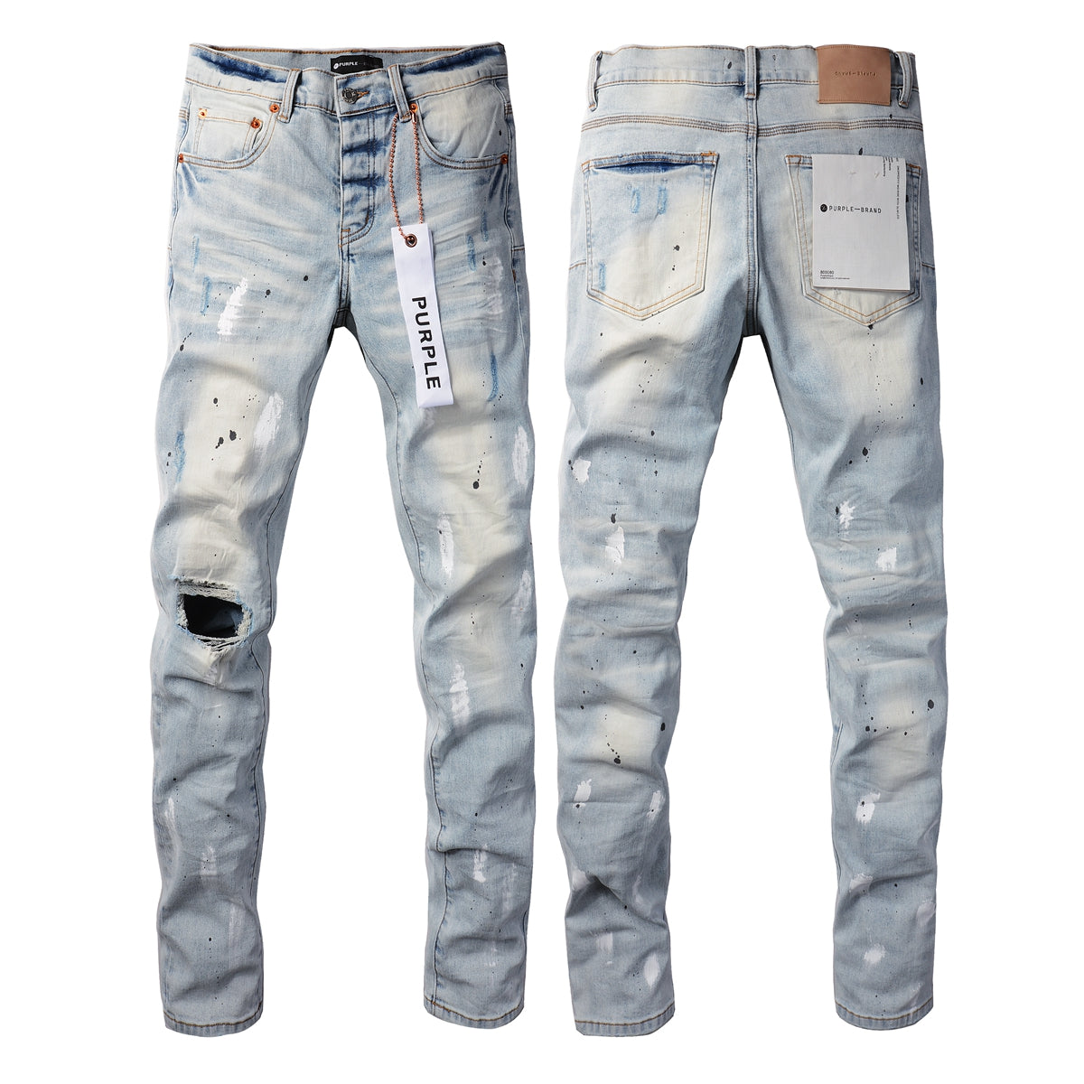 PURPLE  Men Streetwear Skinny Jeans Light Blue Wash with White Paint Splatter and Subtle Distress 9006