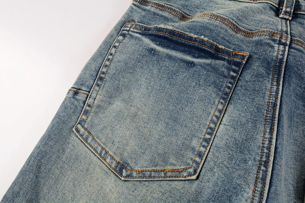 PURPLE  Men Streetwear Skinny Jeans Light Blue Wash with Patchwork Distressed Details 9015