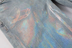 PURPLE   Men Streetwear Skinny Jeans Light Blue Wash with Holographic Iridescent Finish 9005