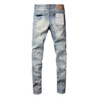 PURPLE   Men Streetwear Skinny Jeans Light Blue Wash with Heavy Distressed Rips and White Paint Splatter 9003