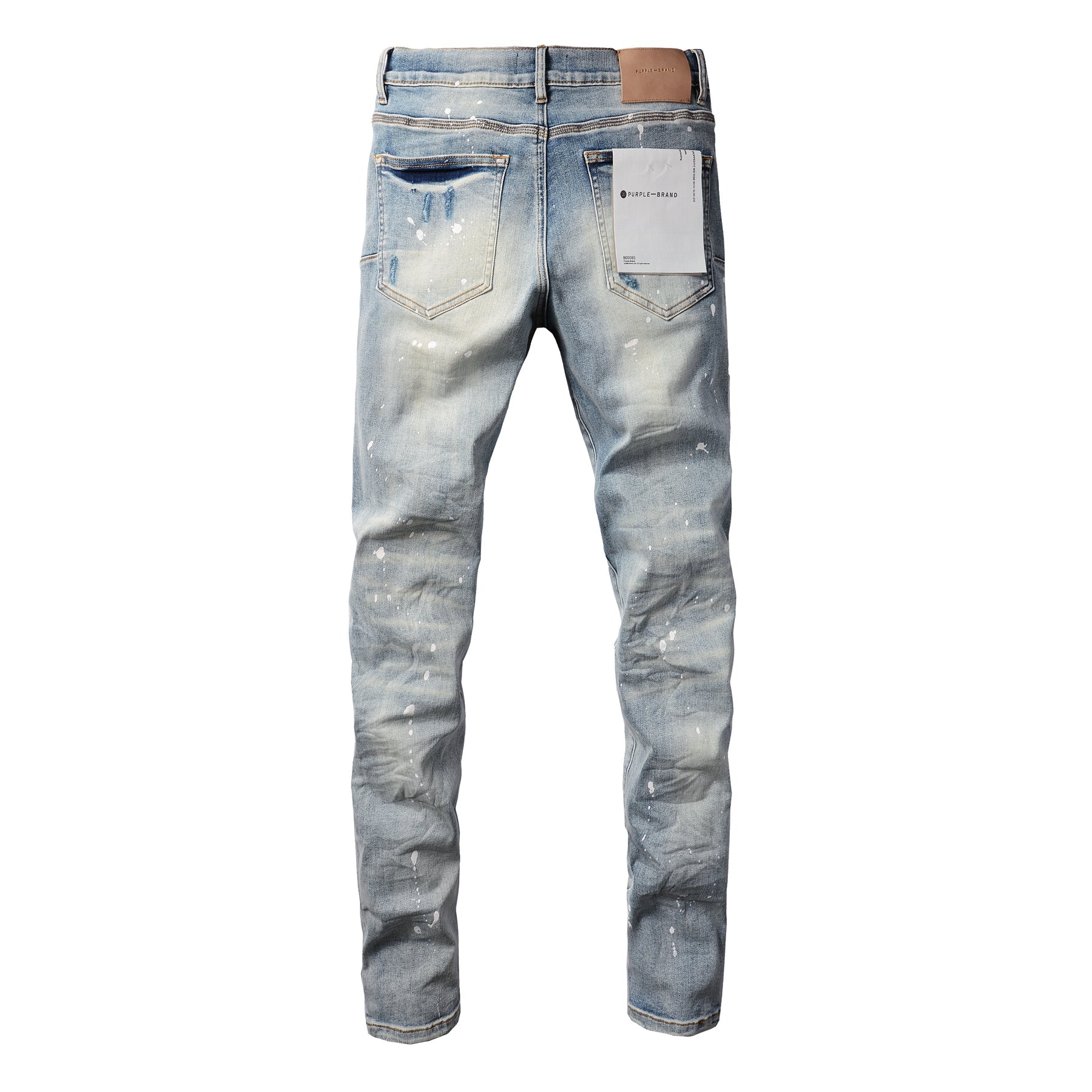 PURPLE   Men Streetwear Skinny Jeans Light Blue Wash with Heavy Distressed Rips and White Paint Splatter 9003