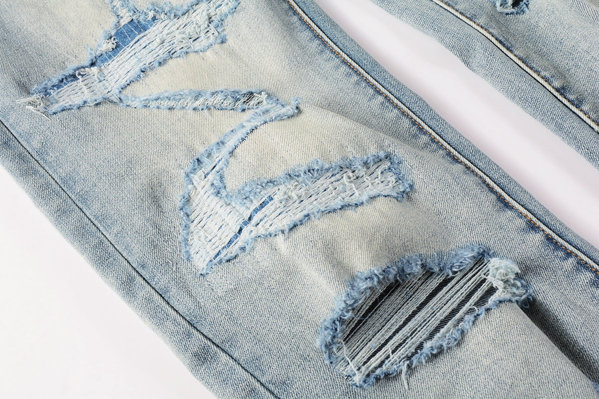 PURPLE   Men Streetwear Skinny Jeans Light Blue Wash with Subtle White Pattern Wash 9013