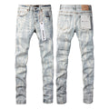 PURPLE   Men Streetwear Skinny Jeans Light Blue Wash with White Brushstroke Texture 7017