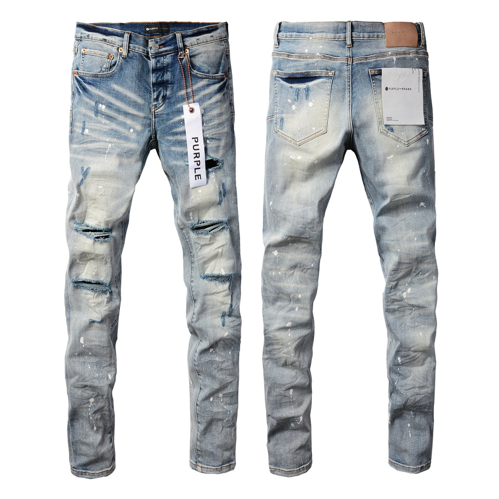 PURPLE   Men Streetwear Skinny Jeans Light Blue Wash with Heavy Distressed Rips and White Paint Splatter 9003