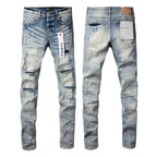 PURPLE   Men Streetwear Skinny Jeans Light Blue Wash with Heavy Distressed Rips and White Paint Splatter 9003