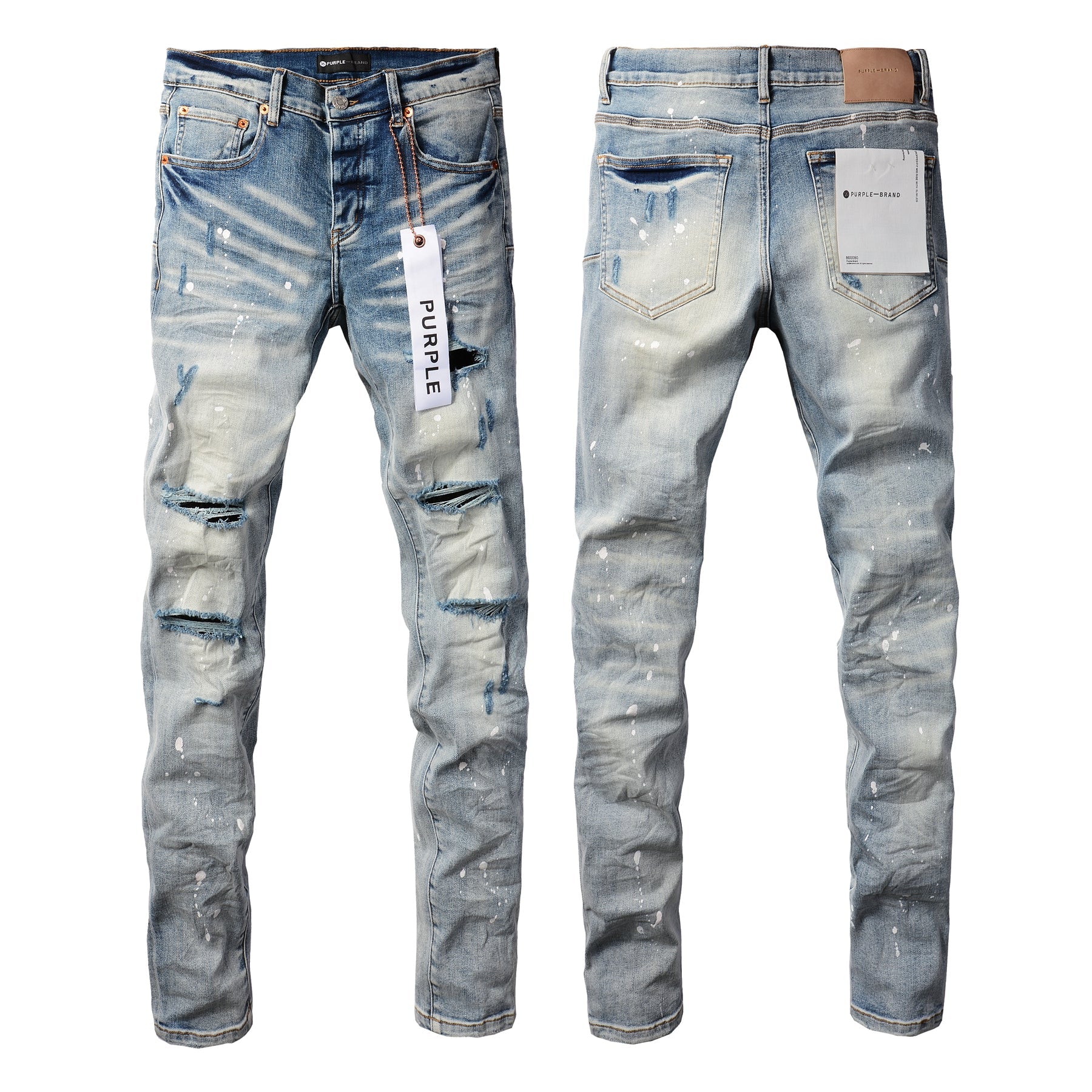 PURPLE   Men Streetwear Skinny Jeans Light Blue Wash with Heavy Distressed Rips and White Paint Splatter 9003