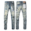 PURPLE  Men Classic Streetwear Jeans DistressedBlue Paint Slash Skinny 9037