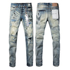 PURPLE  Men Classic Streetwear Jeans DistressedBlue Paint Slash Skinny 9037