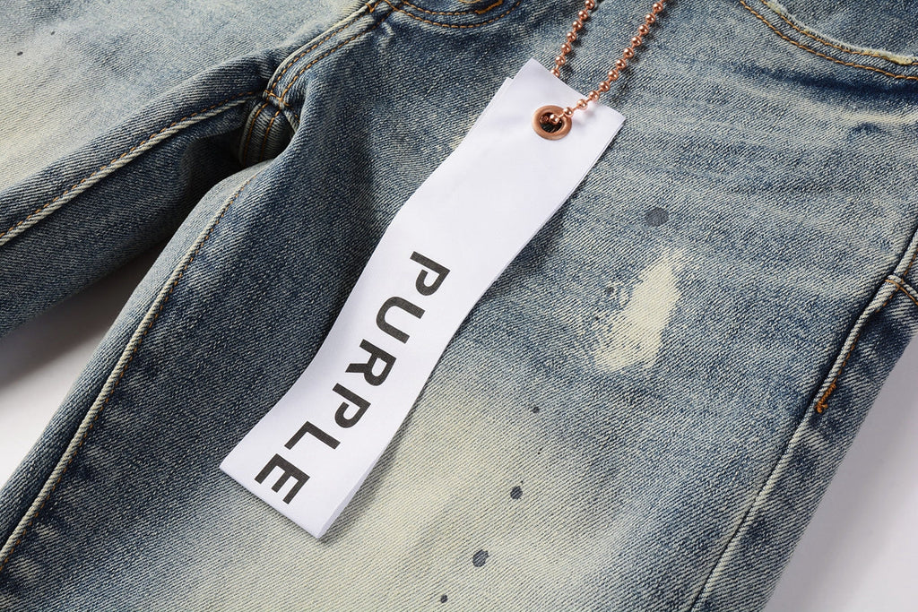 PURPLE   Men Streetwear Jeans Distressed Light Blue Paint Dot Ripped skinny 9092