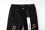 PURPLE  Men Streetwear Skinny Jeans Black Wash with All-Over Metallic Gold "P" Print 9008