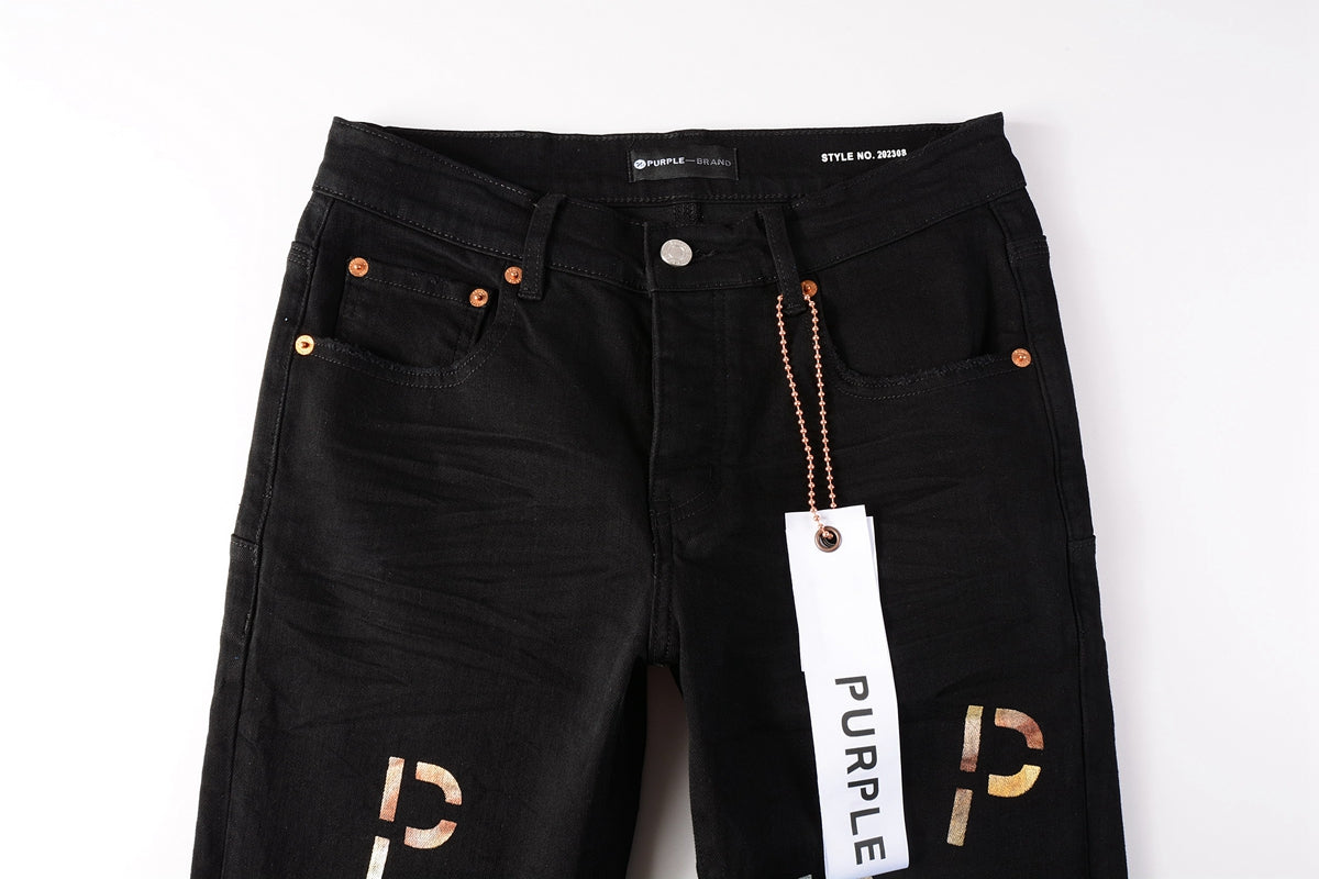 PURPLE  Men Streetwear Skinny Jeans Black Wash with All-Over Metallic Gold "P" Print 9008