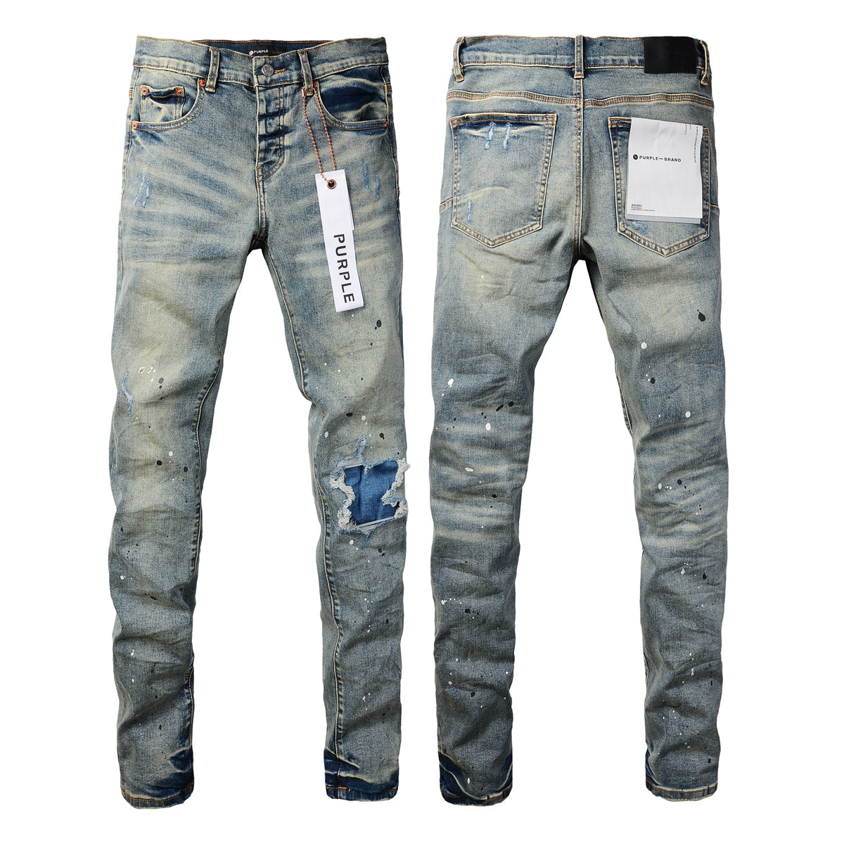 PURPLE  Men Streetwear Skinny Jeans Light Blue Wash with Blue Patched Rips and White Paint Splatter 9050-1